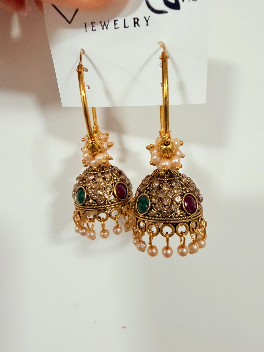 Gold Hoop Earrings with Jhumka Bell & Pearls - photo 4