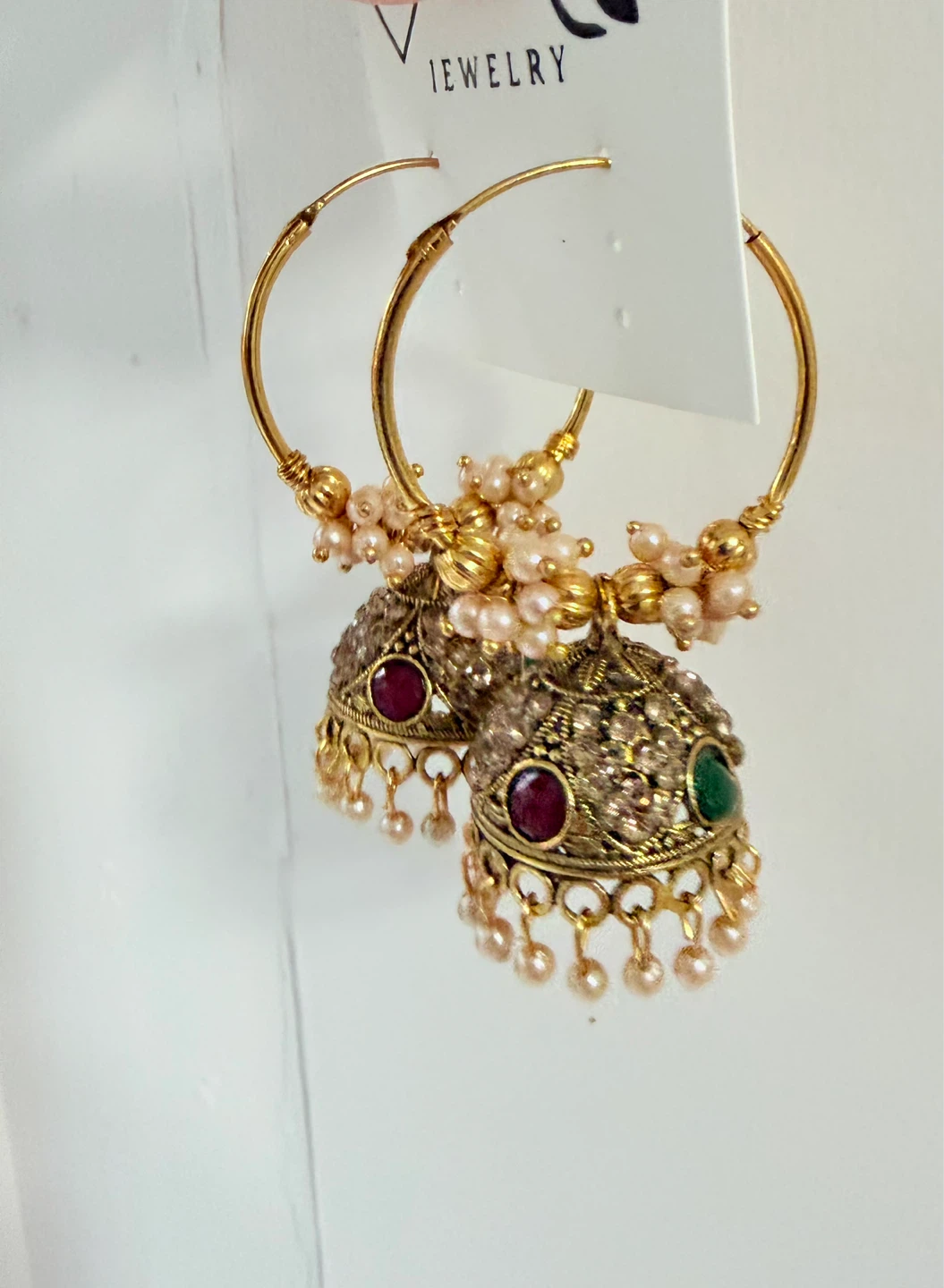 Gold Hoop Earrings with Jhumka Bell & Pearls - photo 3