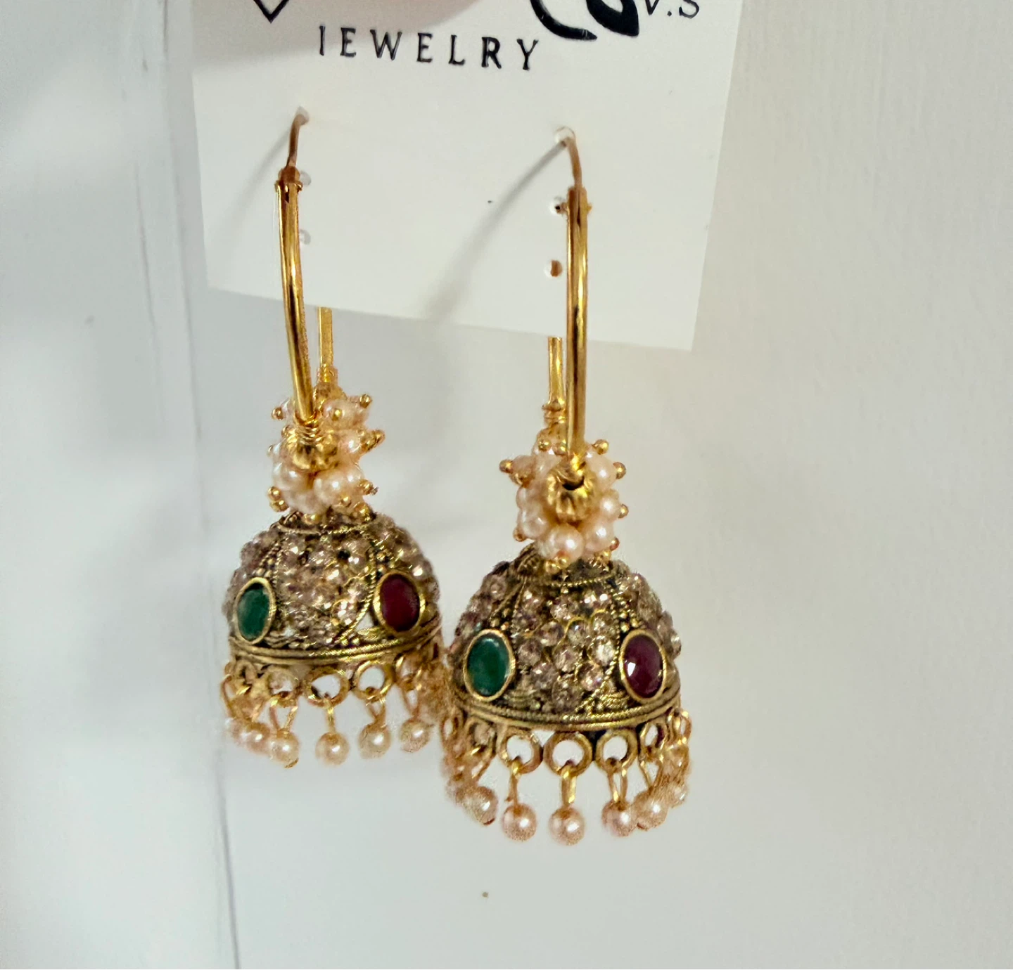 Gold Hoop Earrings with Jhumka Bell & Pearls - photo 5