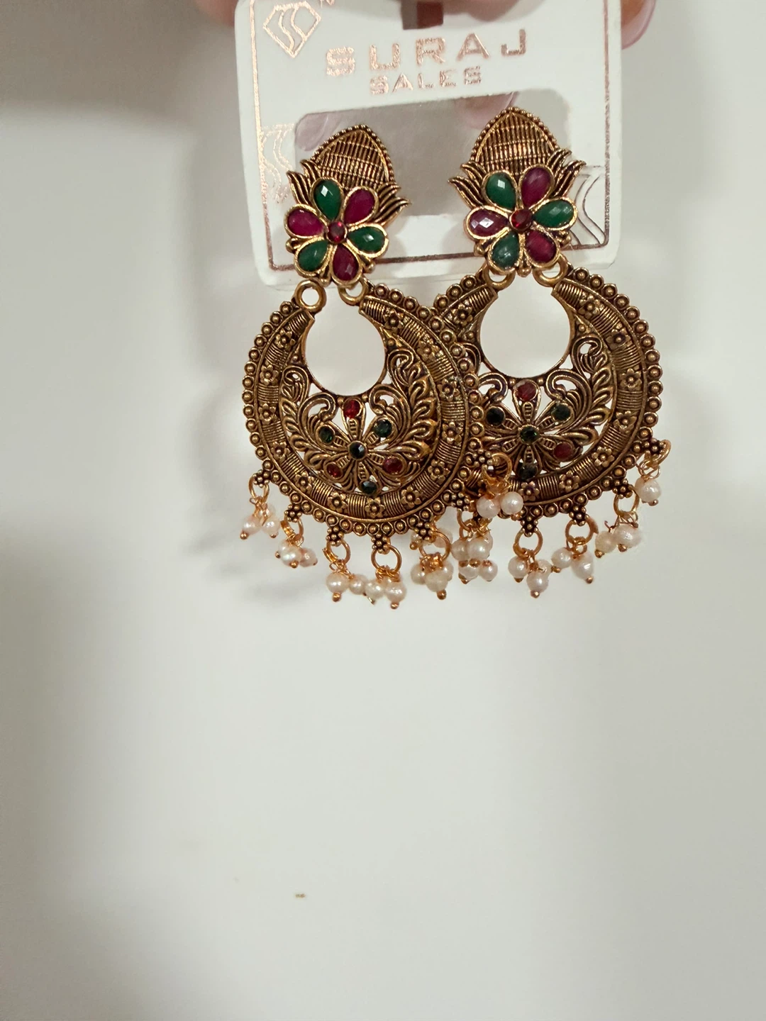 Gold-Tone Dangling Earrings with Red and Green Stones - photo 2