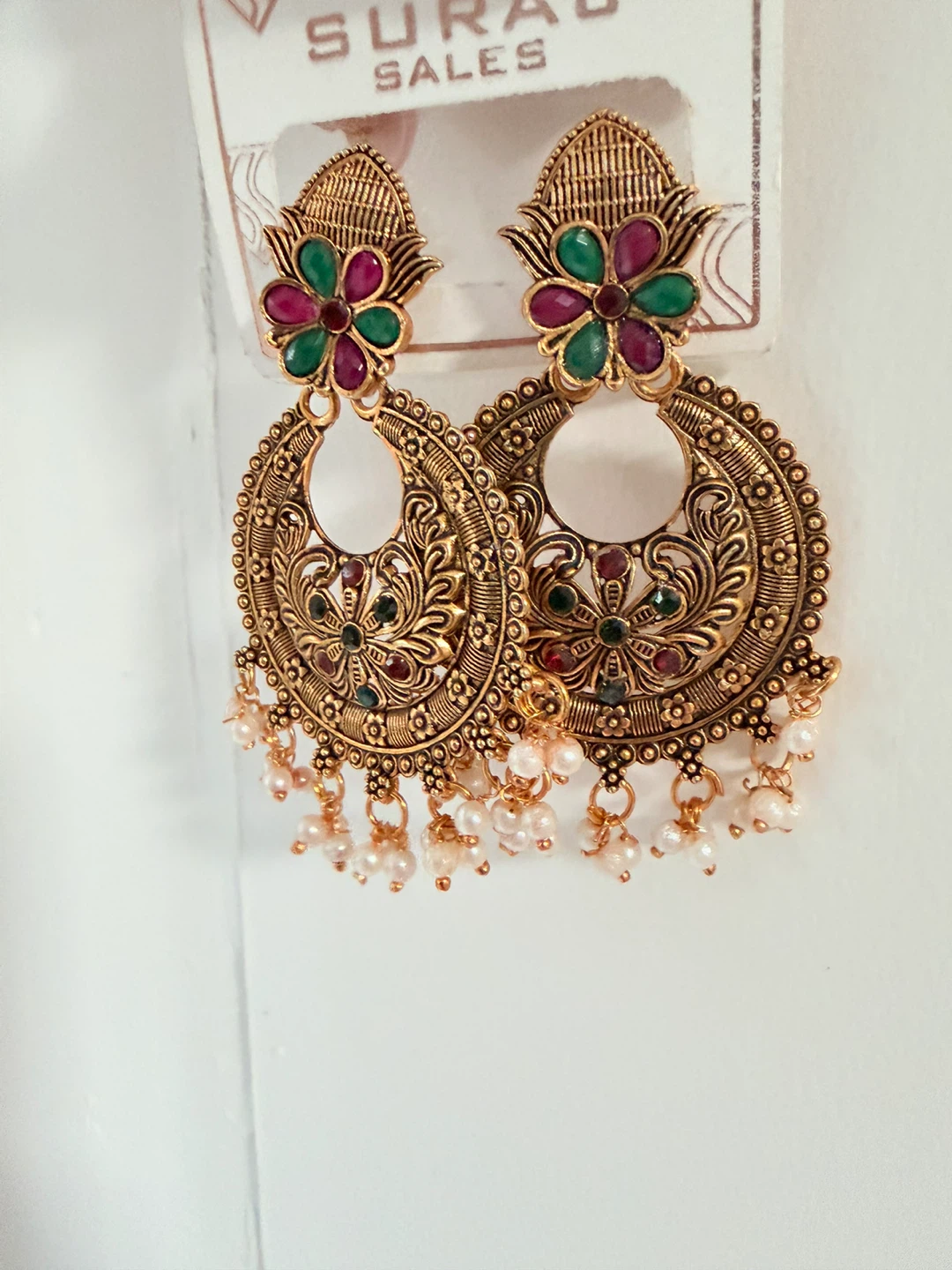 Gold-Tone Dangling Earrings with Red and Green Stones