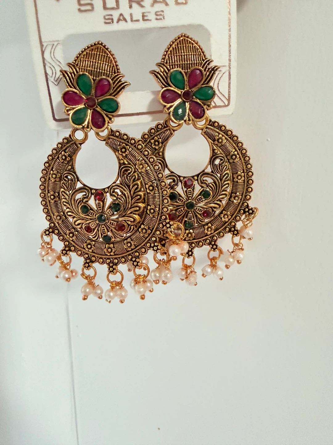 Gold-Tone Dangling Earrings with Red and Green Stones - photo 4
