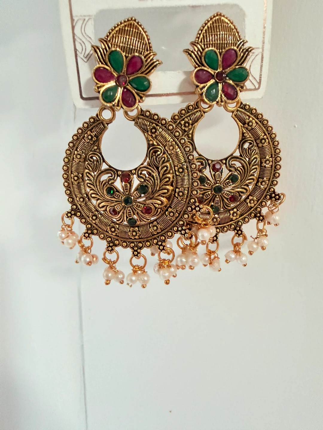 Gold-Tone Dangling Earrings with Red and Green Stones - photo 5