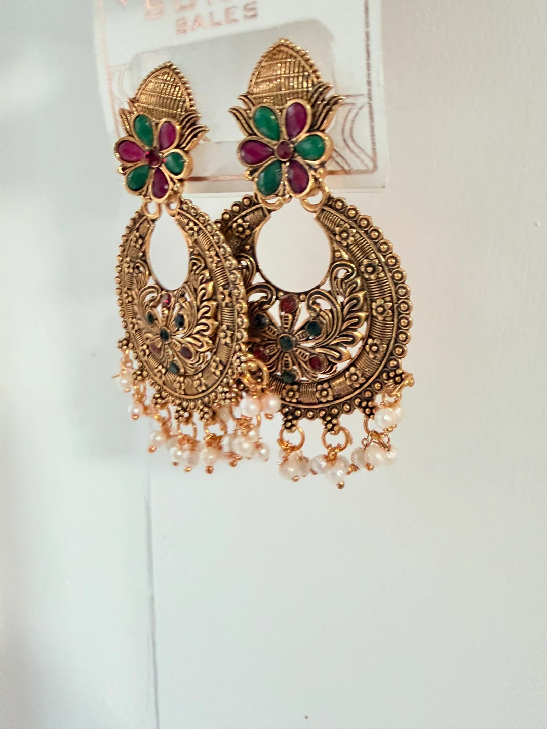 Gold-Tone Dangling Earrings with Red and Green Stones - photo 3