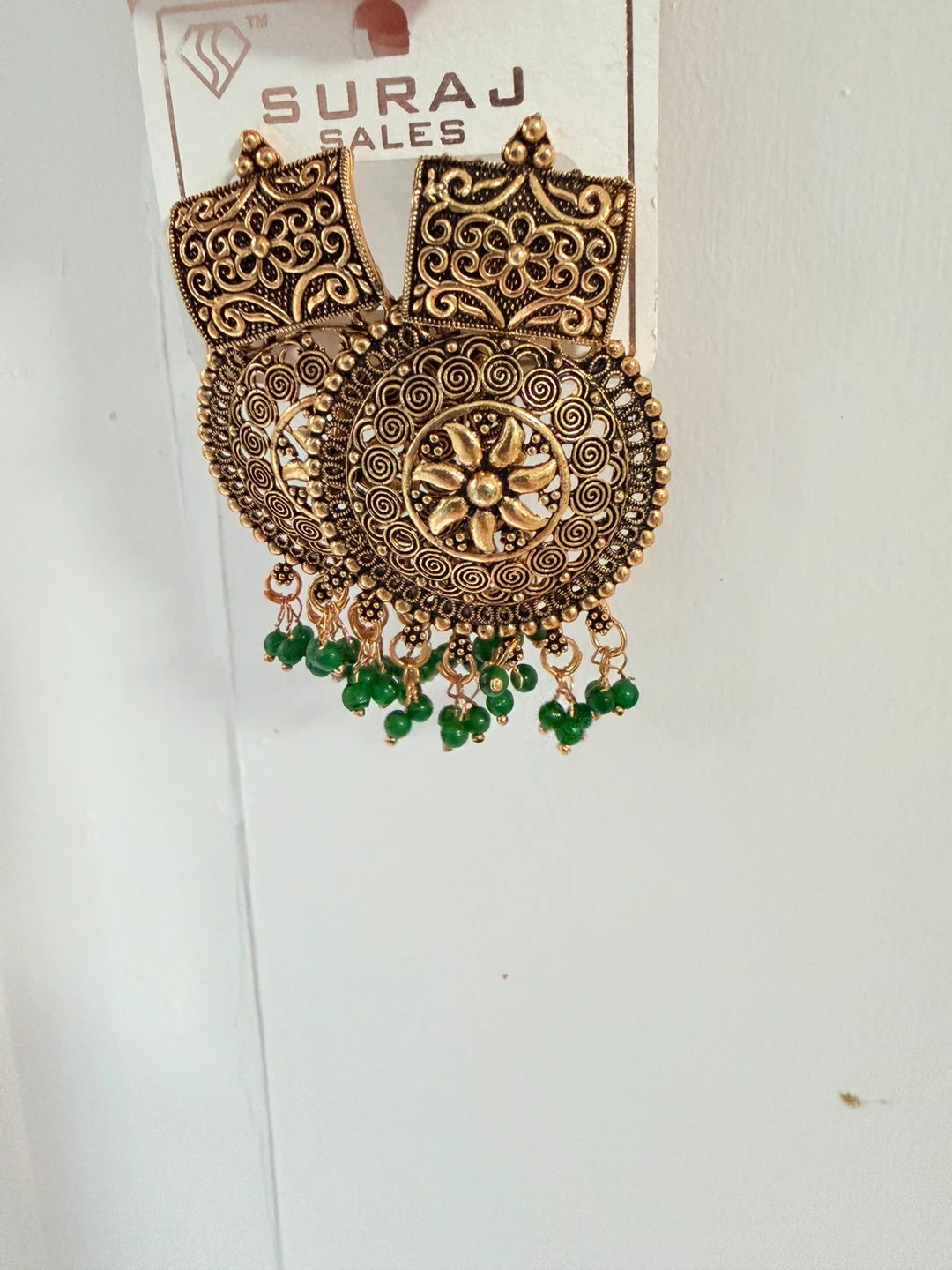 Gold-Tone Chandelier Earrings with Green Beads - photo 3
