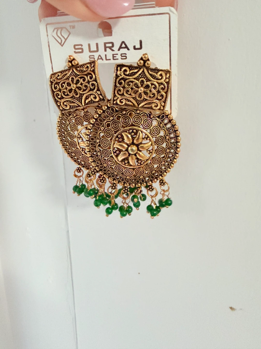 Gold-Tone Chandelier Earrings with Green Beads - photo 2