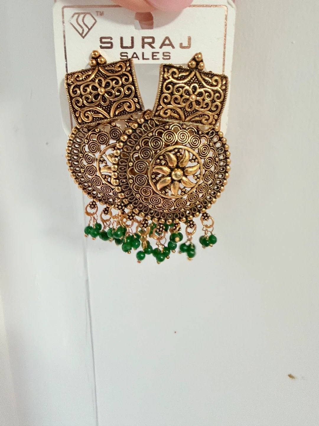 Gold-Tone Chandelier Earrings with Green Beads - photo 4