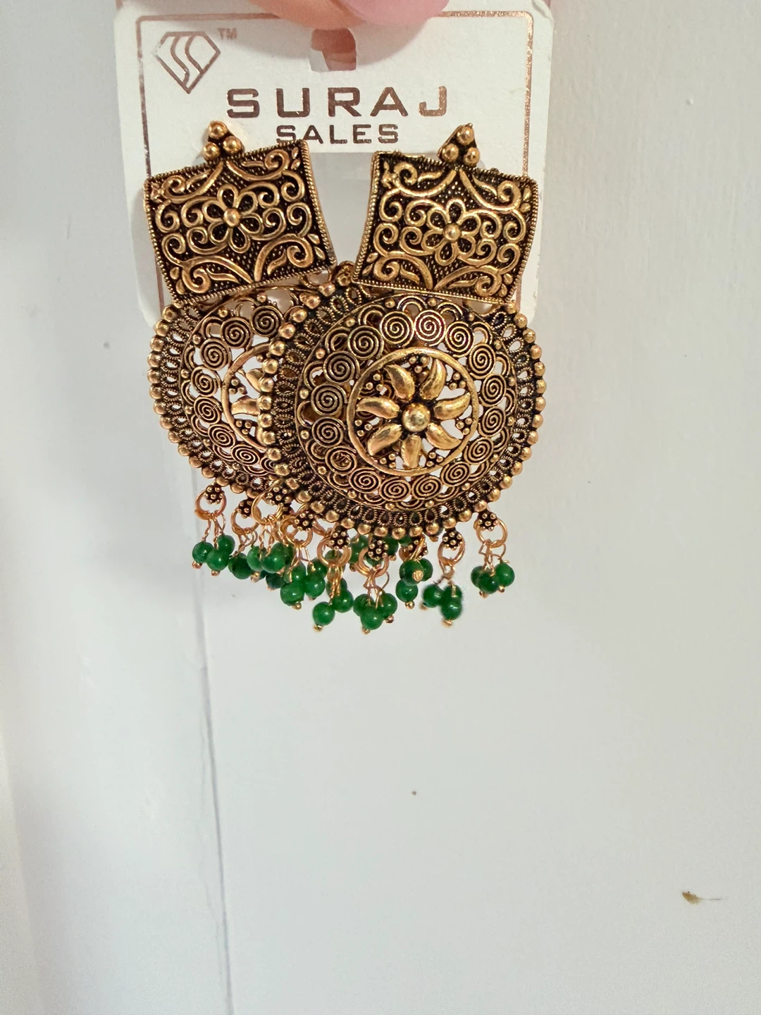 Gold-Tone Chandelier Earrings with Green Beads - photo 5