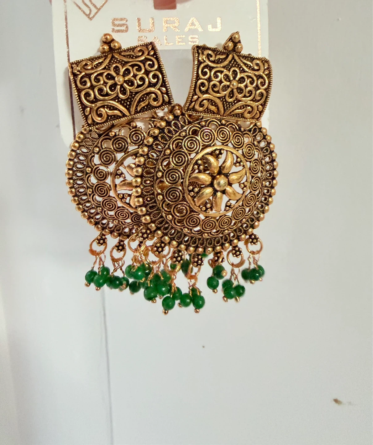 Gold-Tone Chandelier Earrings with Green Beads