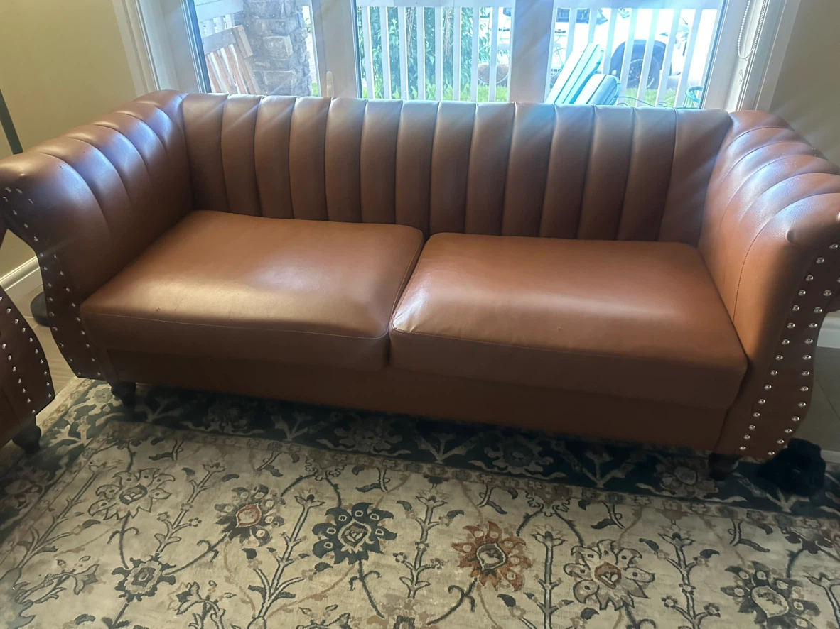 Brown Faux Leather Sofa with Stud Details