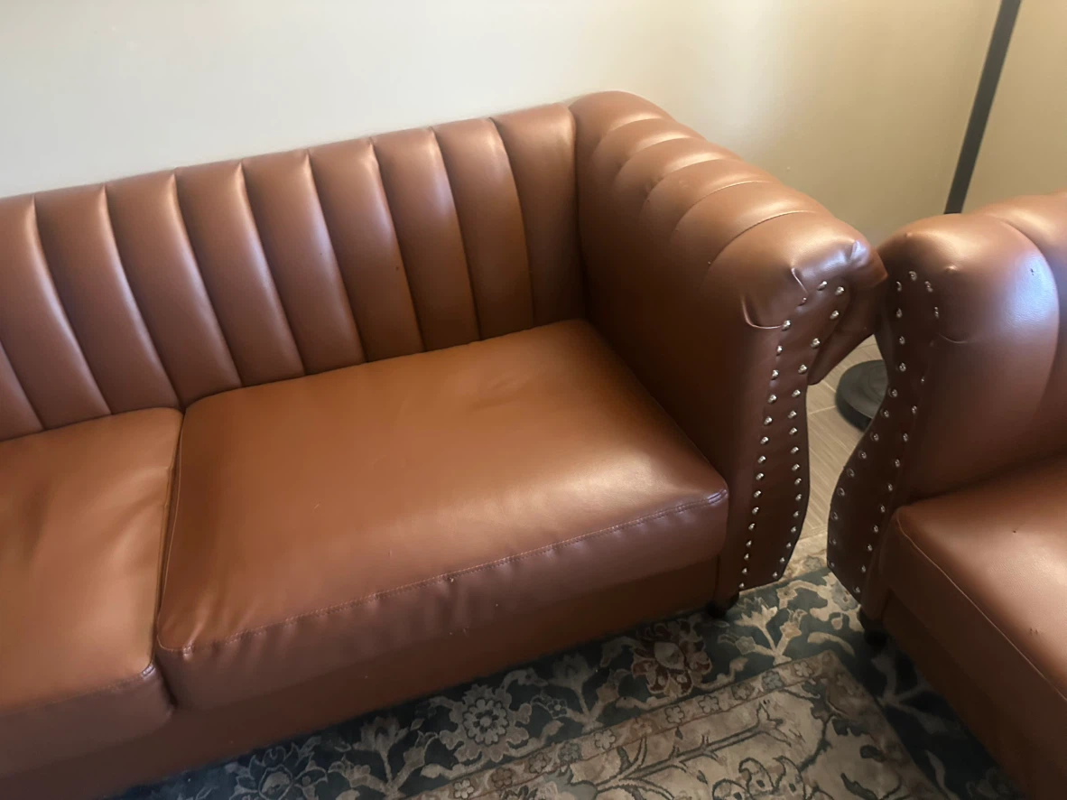 Brown Faux Leather Sofa with Stud Details - photo 2
