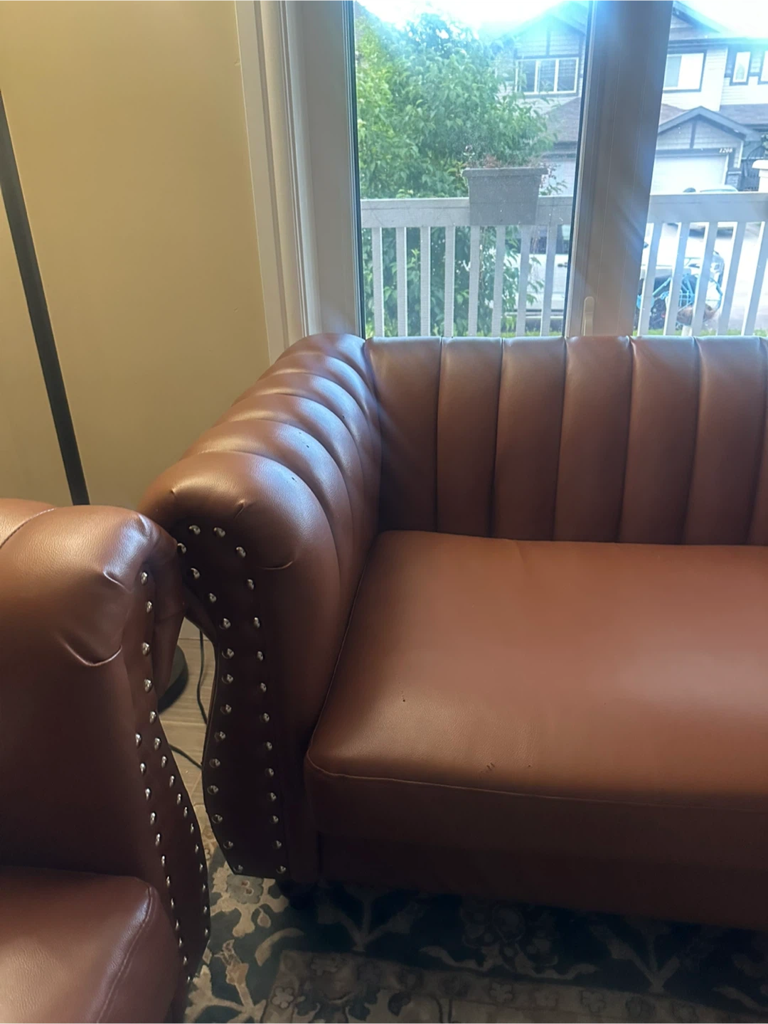Brown Faux Leather Sofa with Stud Details - photo 3