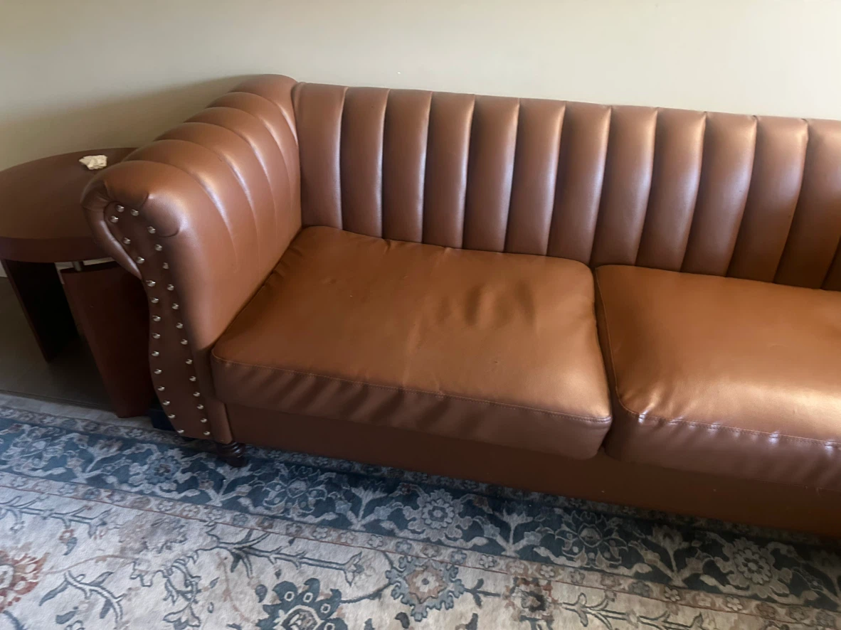 Brown Faux Leather Sofa with Stud Details - photo 5