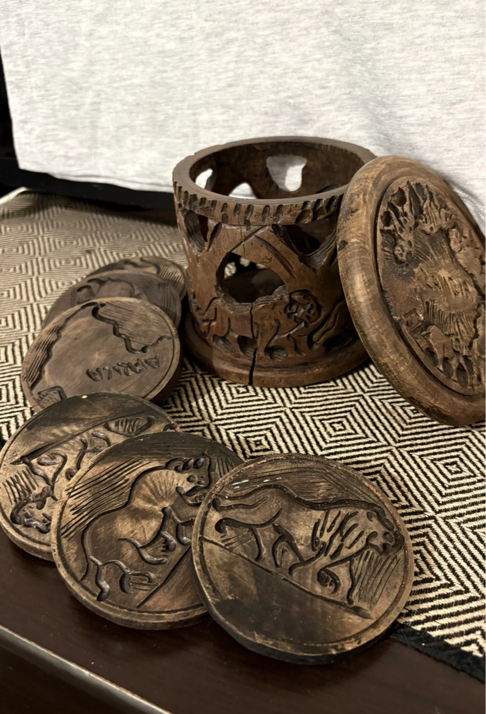 Vintage Wooden Coaster Set with Holder - Zambia