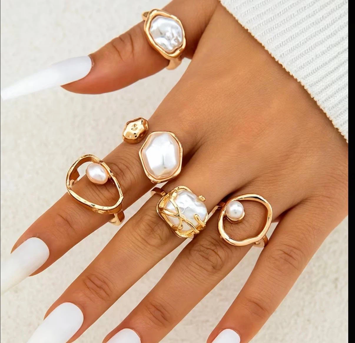 Gold & Pearl Statement Ring Set – 5 Pcs