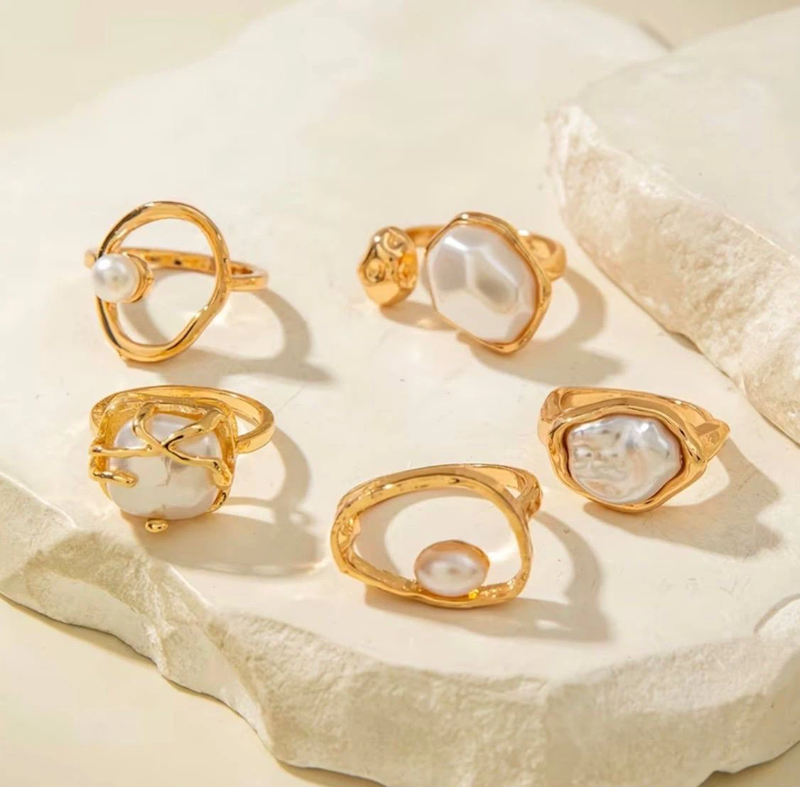 Gold & Pearl Statement Ring Set – 5 Pcs - photo 3