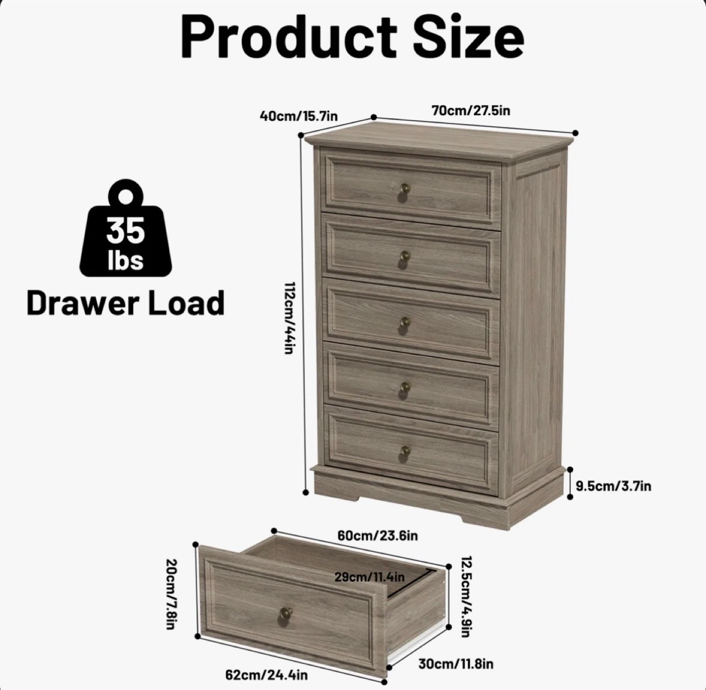 5-Drawer Chest Dresser - Grey Wood - photo 2