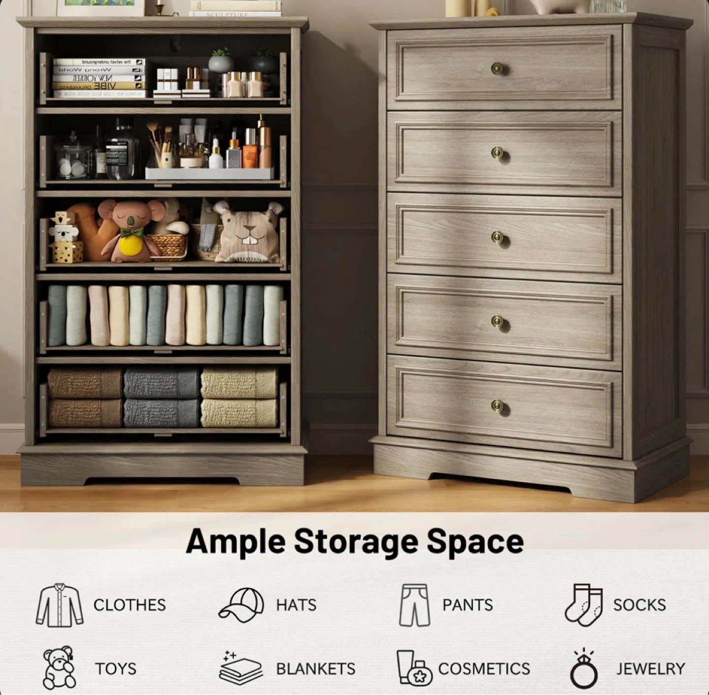 5-Drawer Chest Dresser - Grey Wood - photo 3
