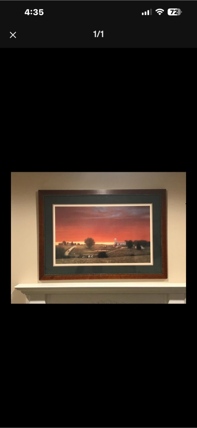 Framed Landscape Painting of a Farm at Sunset