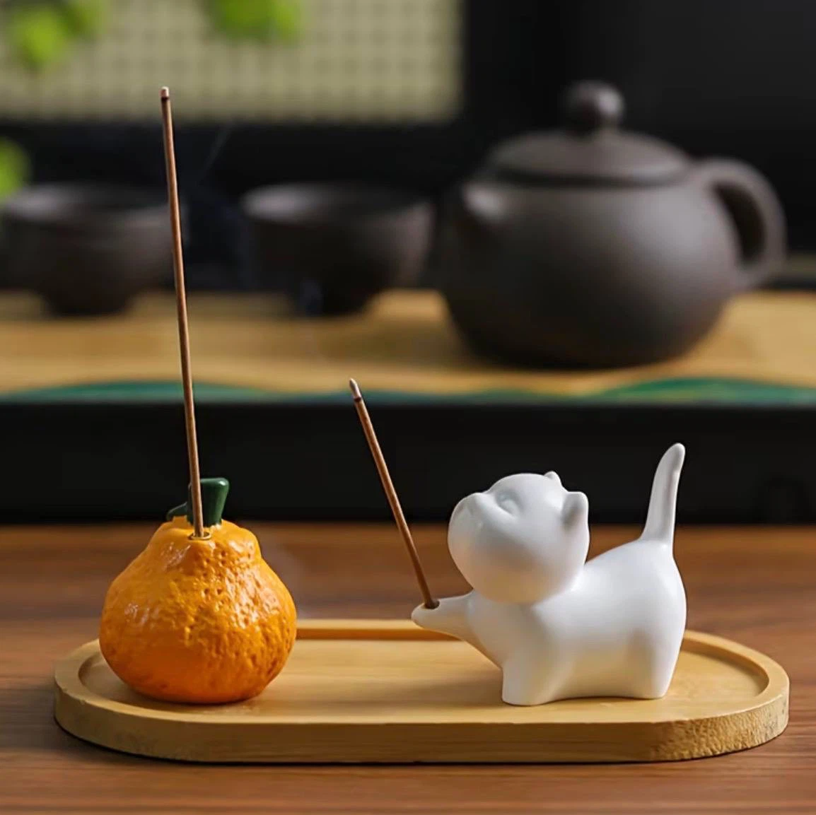 Cute Cat & Tangerine Incense Holder Set