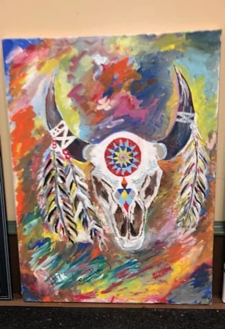 Painting of a Bison Skull with Feathers
