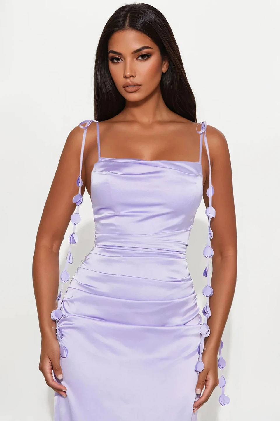Lilac Satin Ruched Maxi Dress with Pom Pom Detail - photo 3