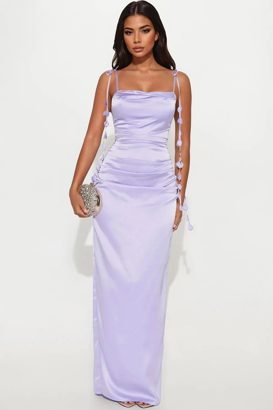 Lilac Satin Ruched Maxi Dress with Pom Pom Detail