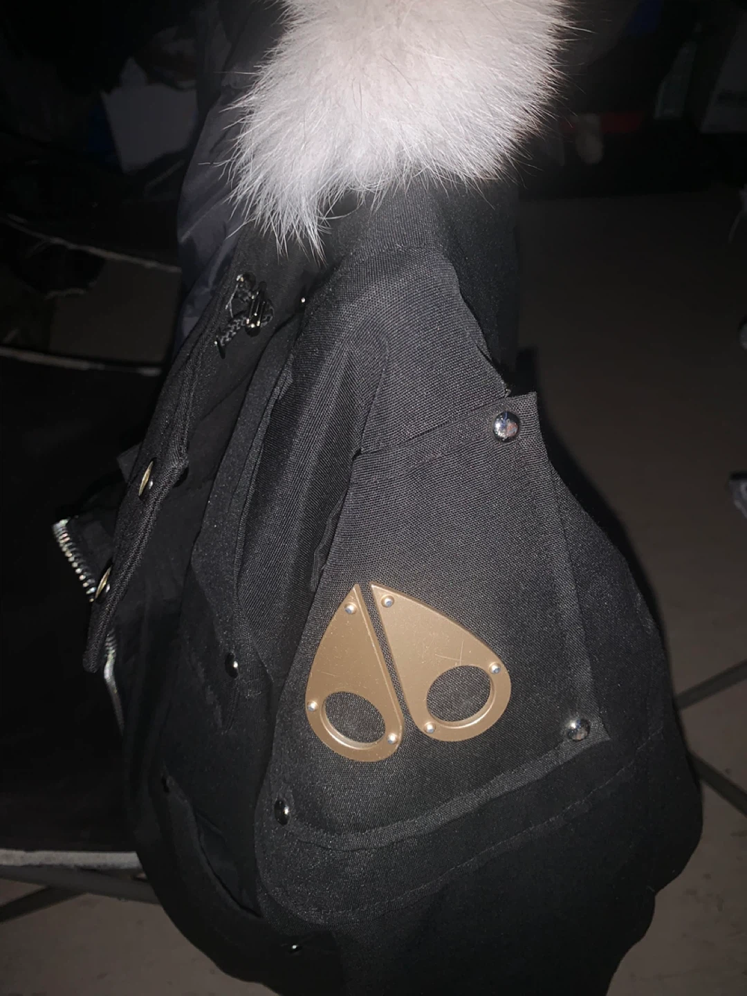 Moose Knuckles Black Parka with White Fur Hood