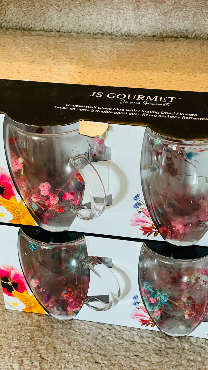 JS Gourmet Double-Wall Glass Mugs with Dried Flowers (Set of 2)