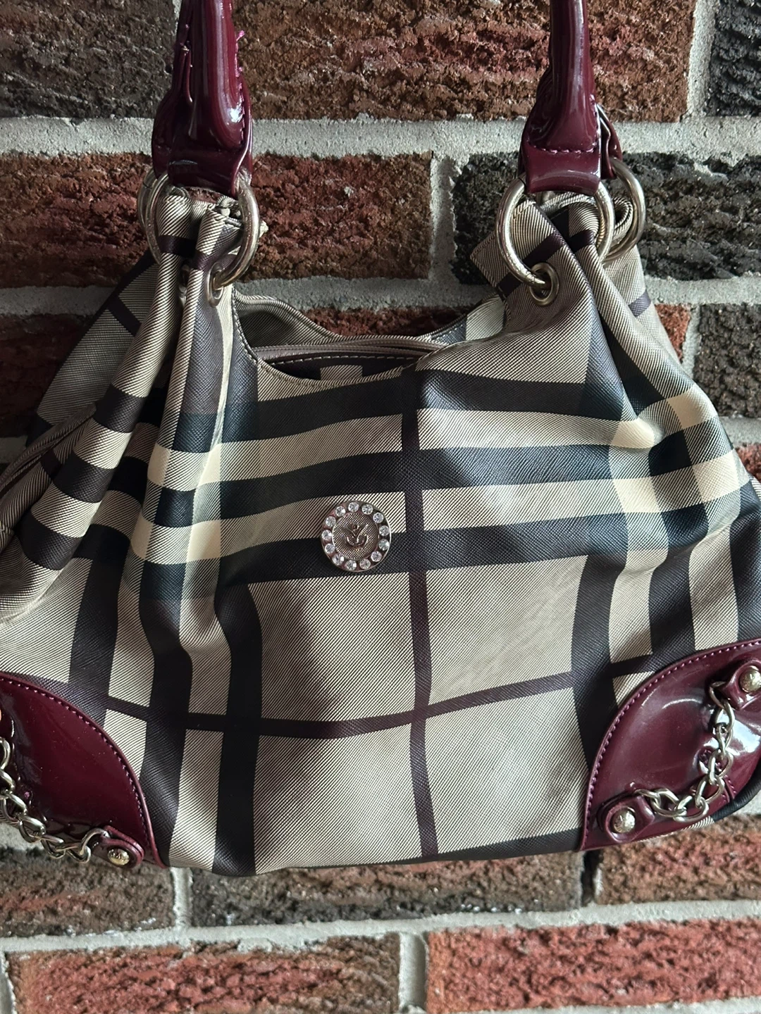 Ya Shi Leather Plaid Shoulder Bag