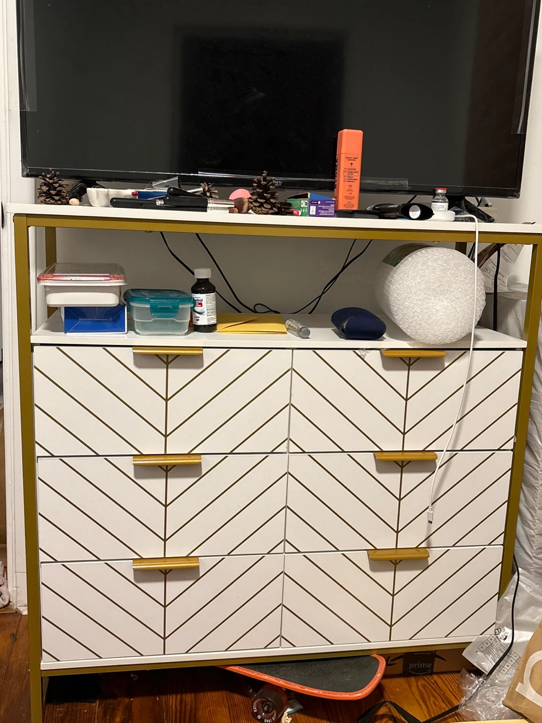 MOVE OUT SALE White Dresser/ TV Stand with Gold Accents
