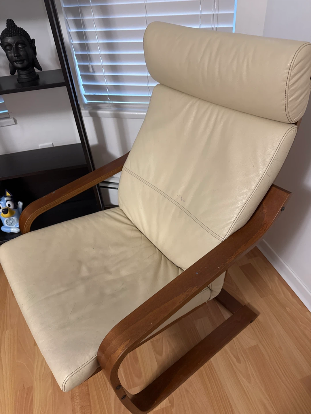 Cream Leather Lounge Chair with Wood Frame