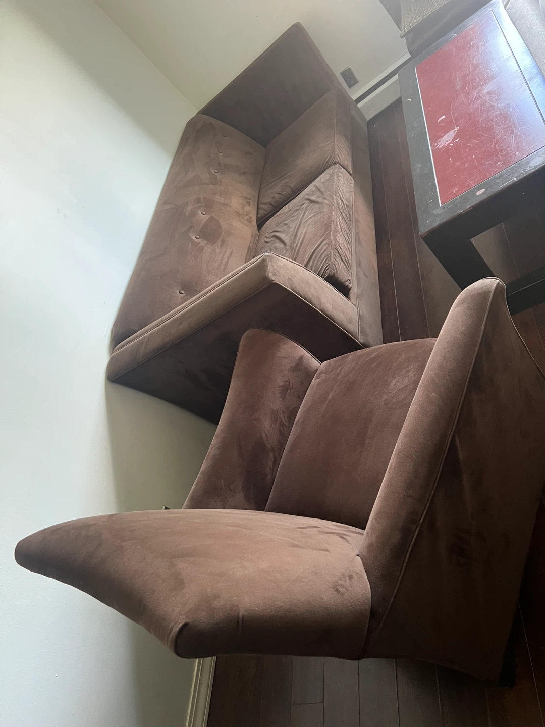 Brown Suede Armchair and Sectional Sofa