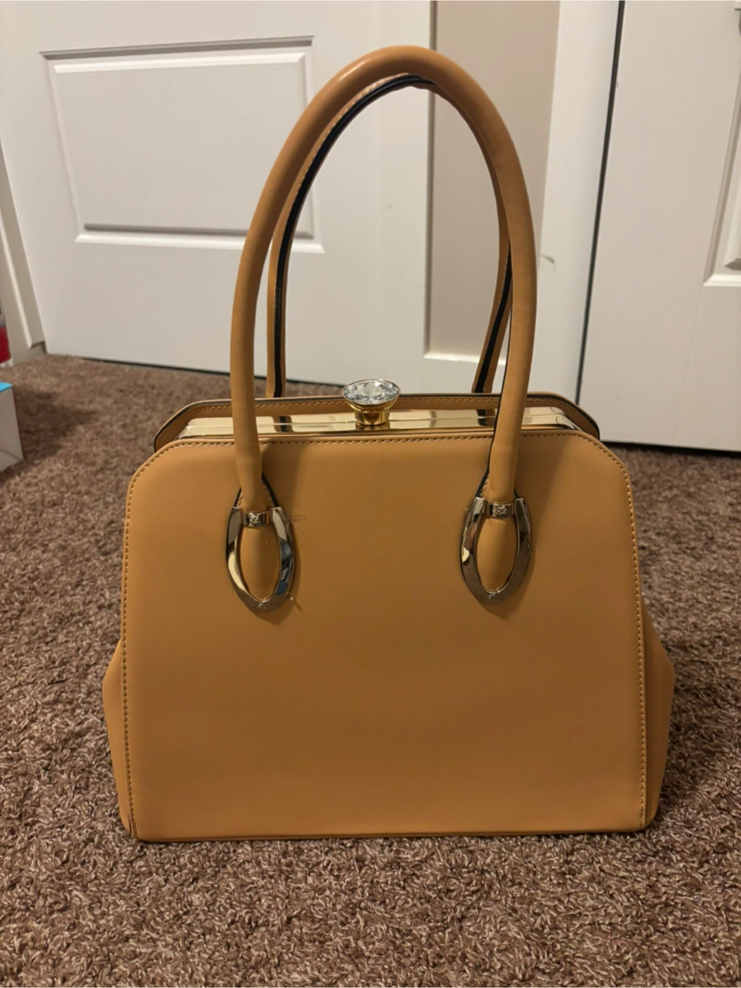 Tan Satchel Handbag with Gem Clasp