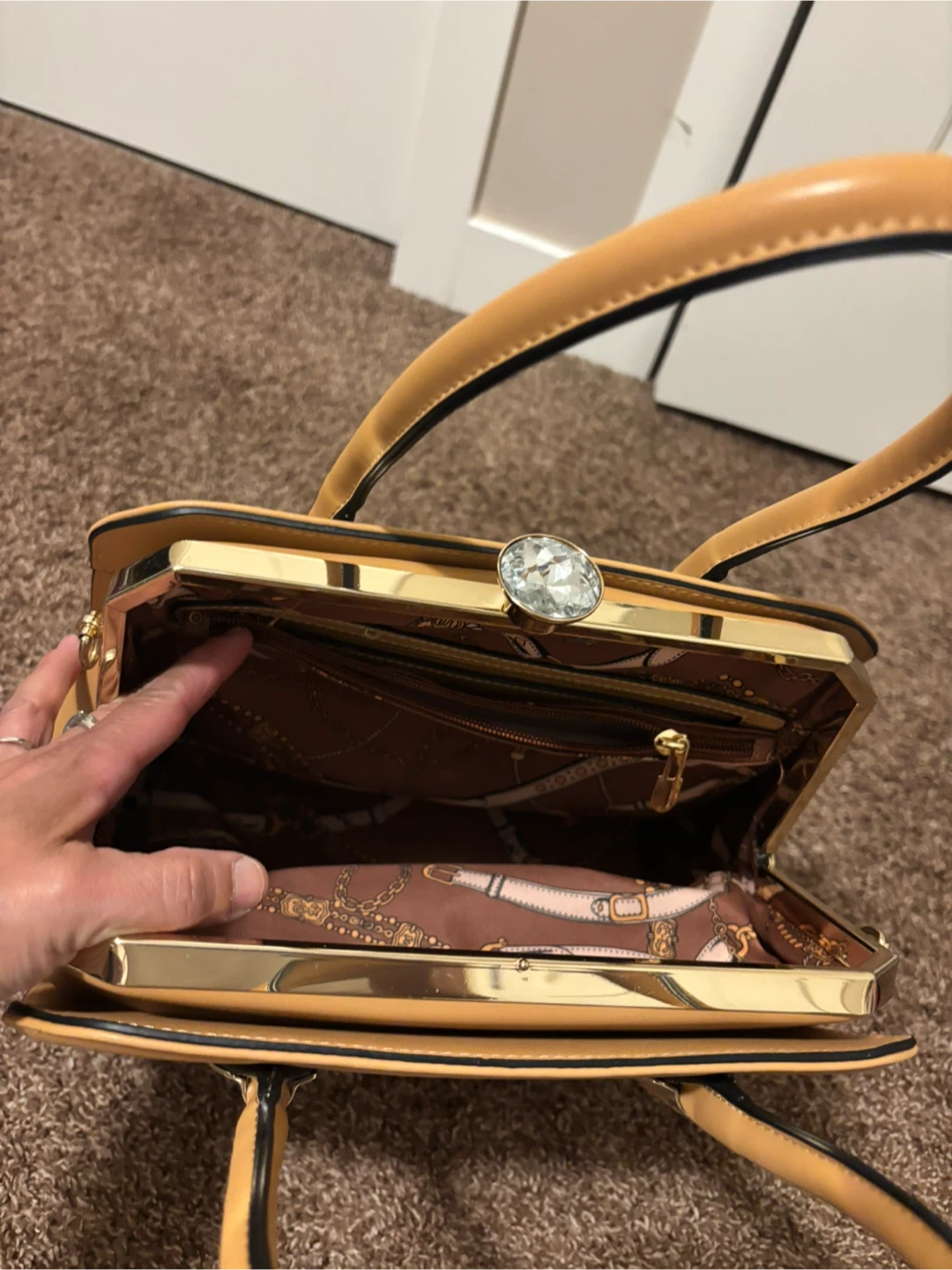 Tan Satchel Handbag with Gem Clasp - photo 2