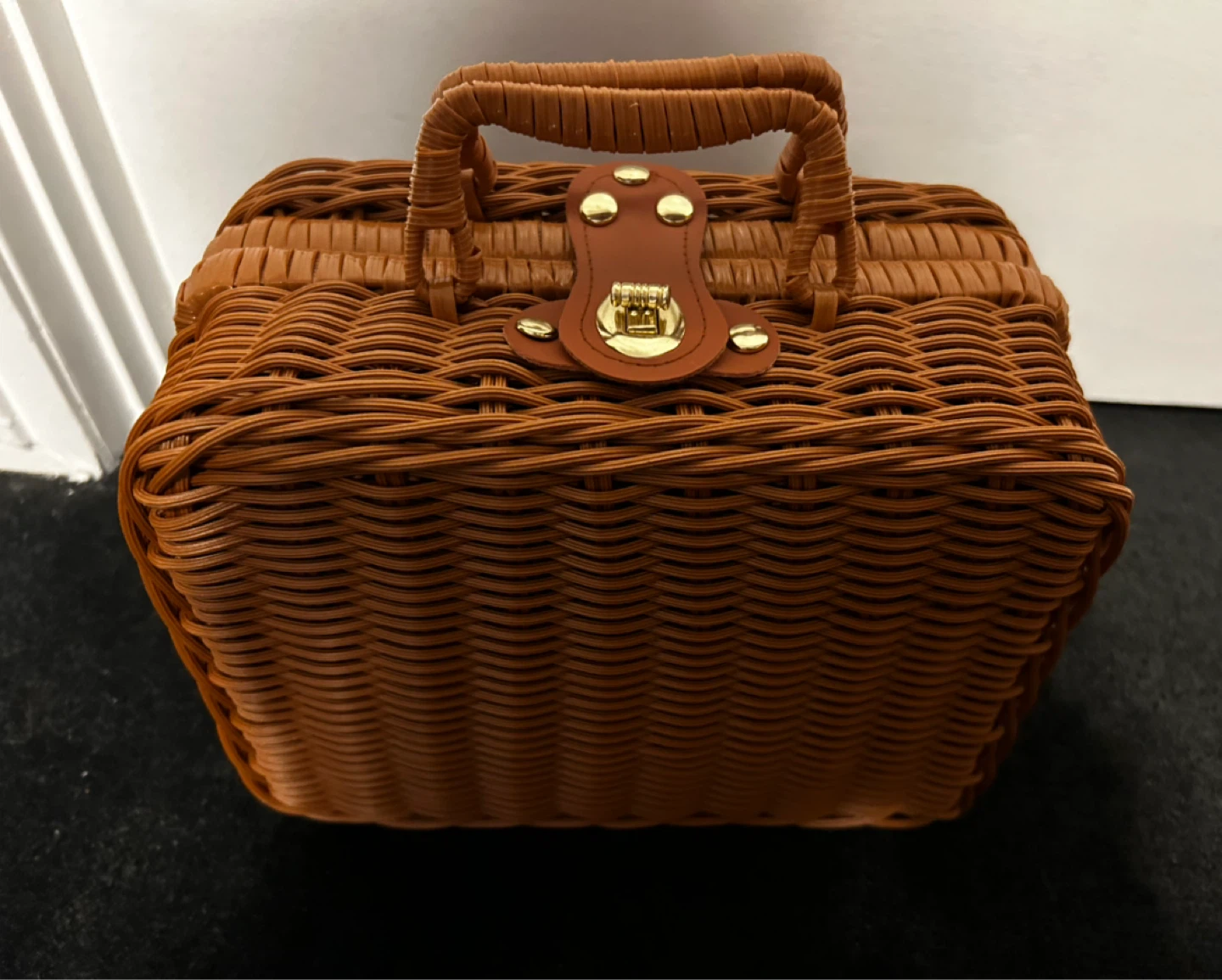 Brown Wicker Vanity Case with Buckle Closure