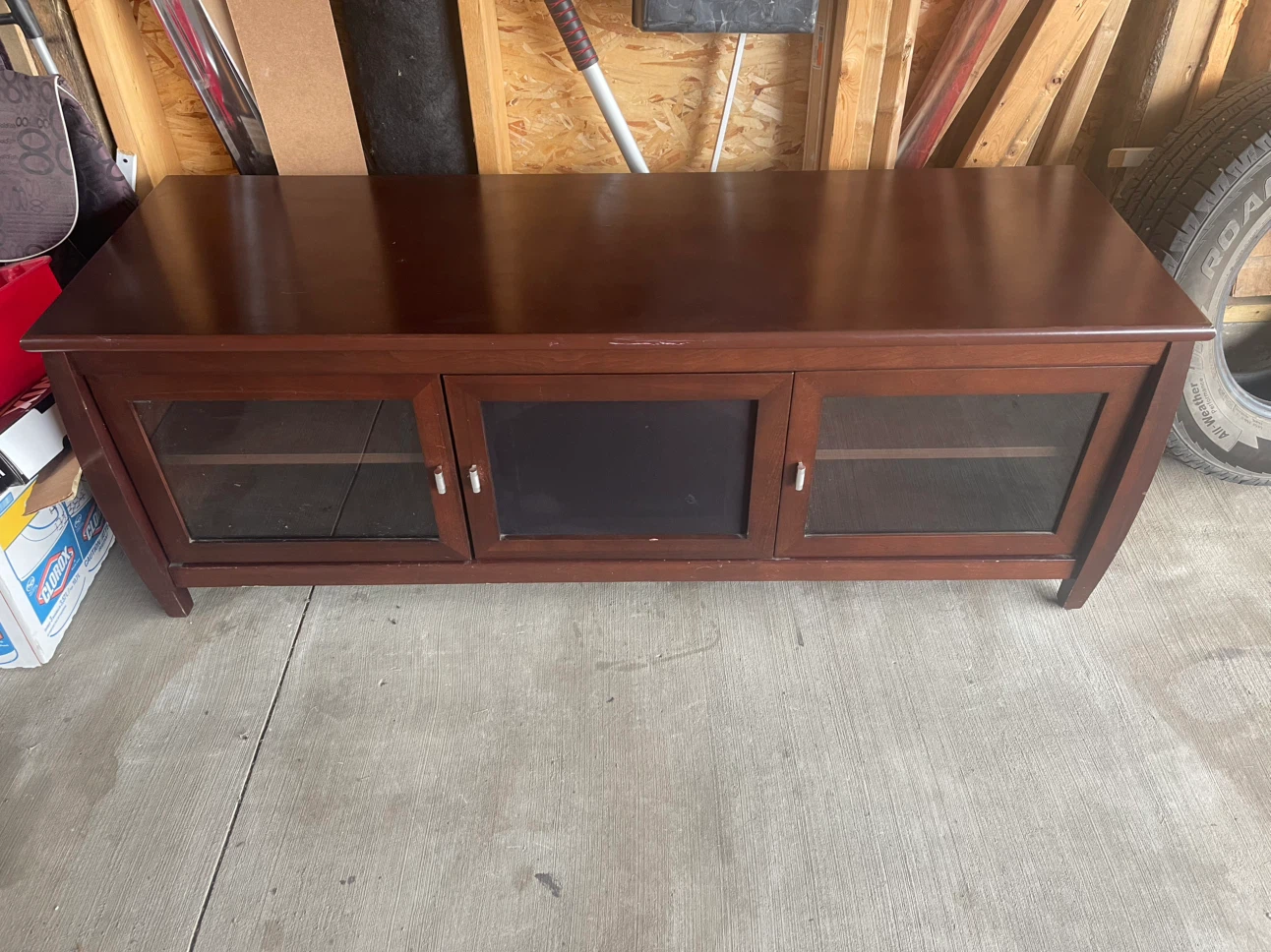 Dark Wood TV Stand with Glass Doors