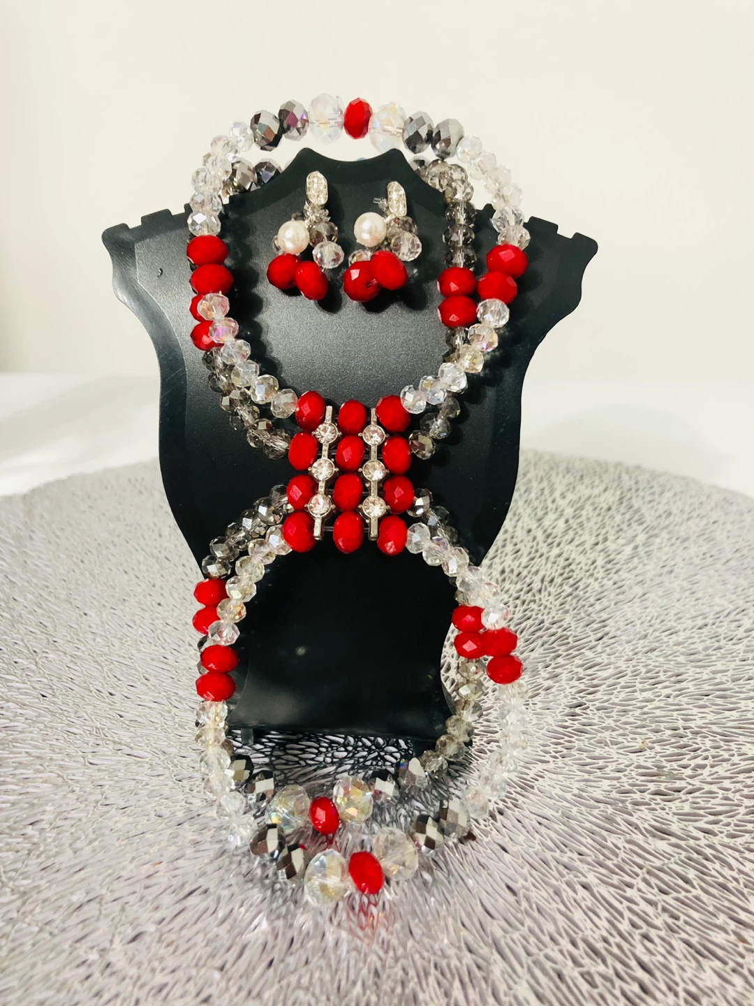 Red and Clear Beaded Jewelry Set with Earrings