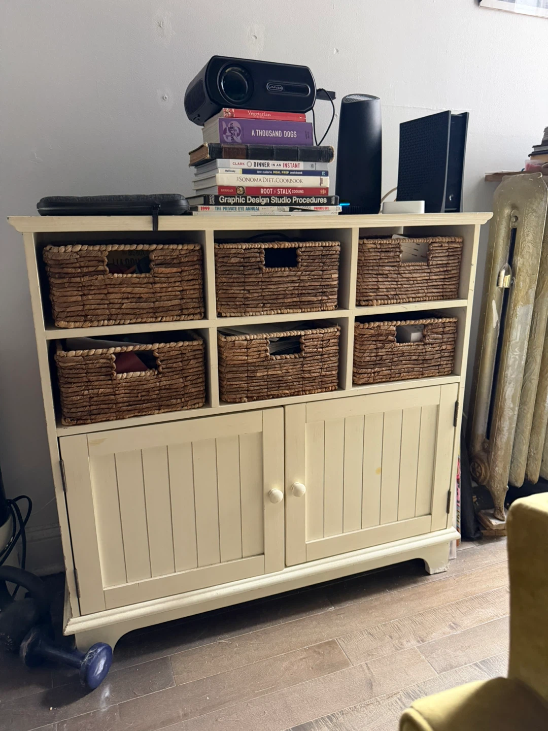 Cream Storage Cabinet with Woven Baskets