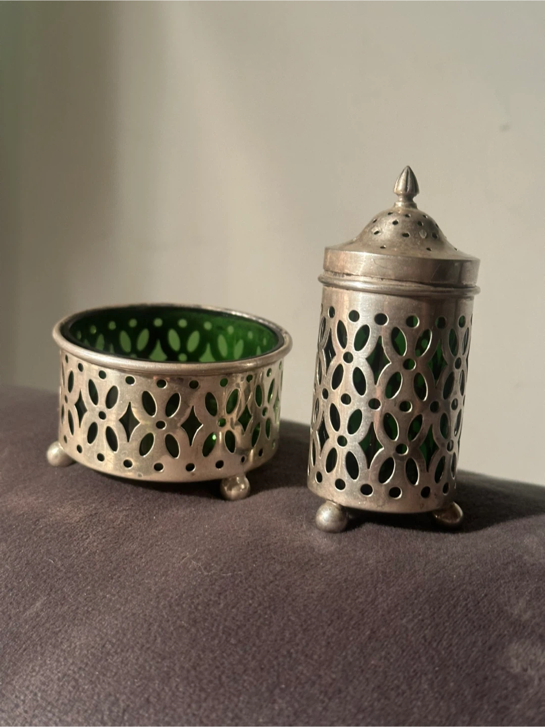Sterling Silver Pierced Condiment Set Rare Emerald Green Glass