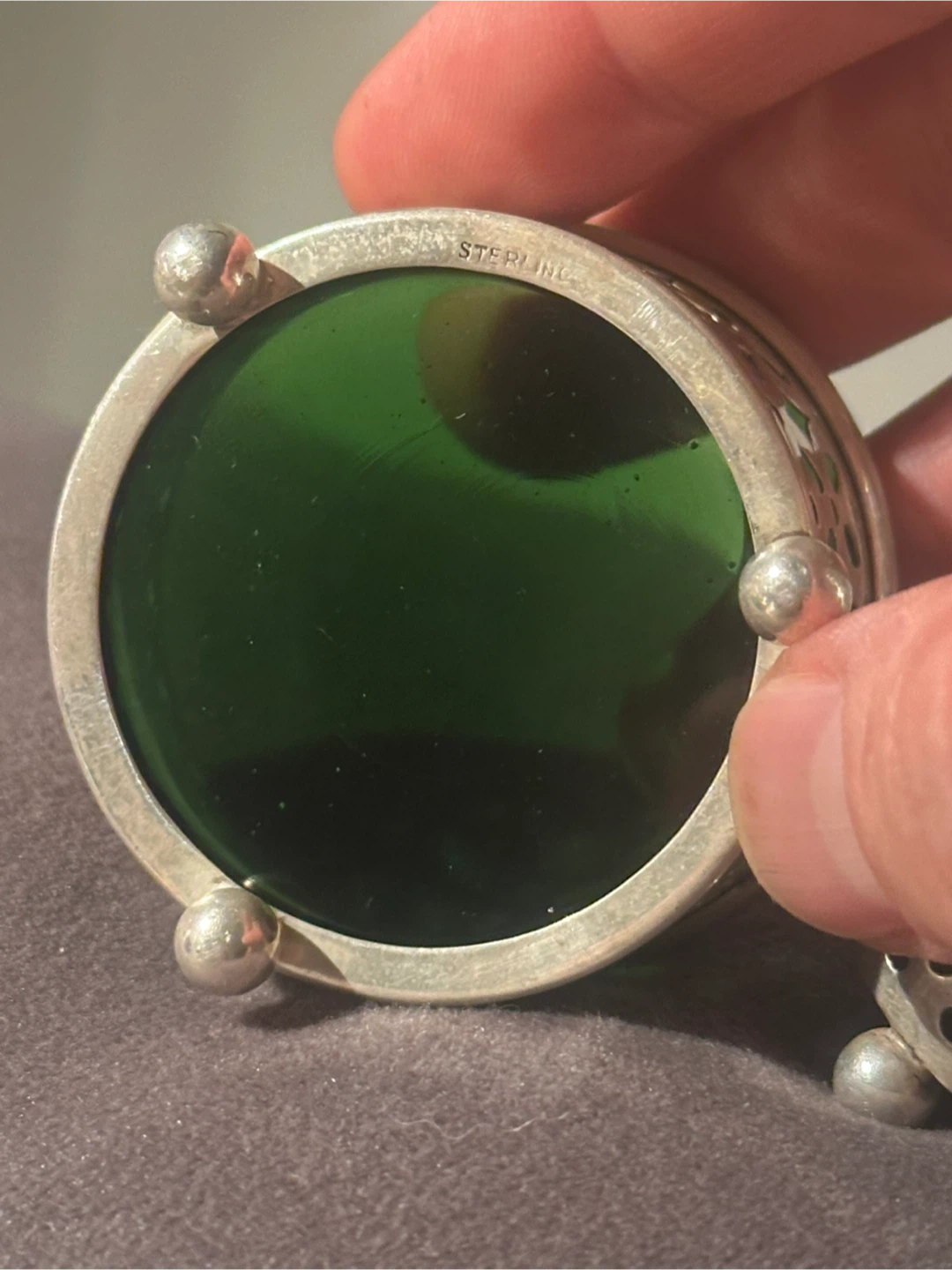 Sterling Silver Pierced Condiment Set Rare Emerald Green Glass - photo 5