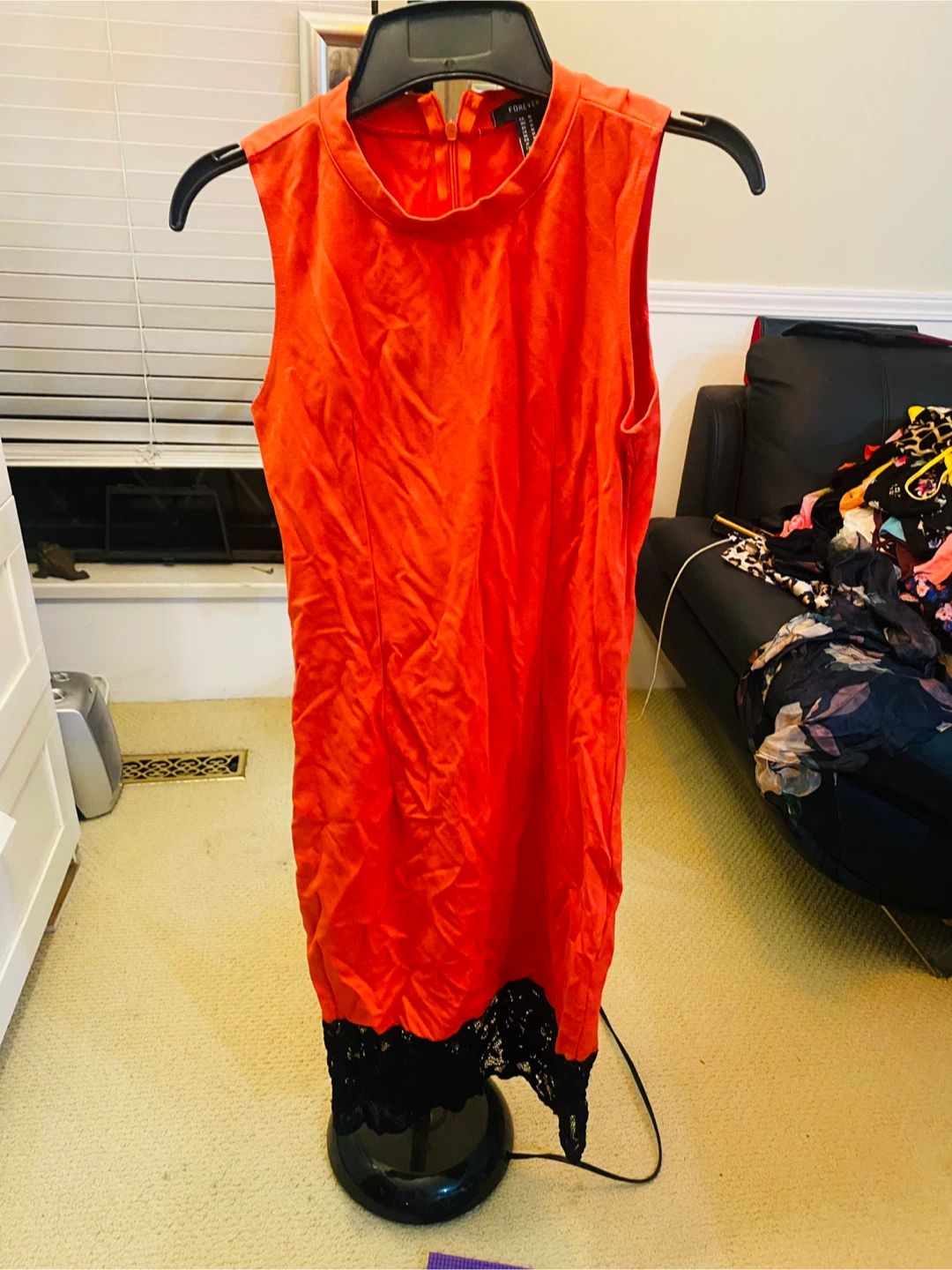 Forever 21 Orange Sleeveless Dress with Black Lace Trim