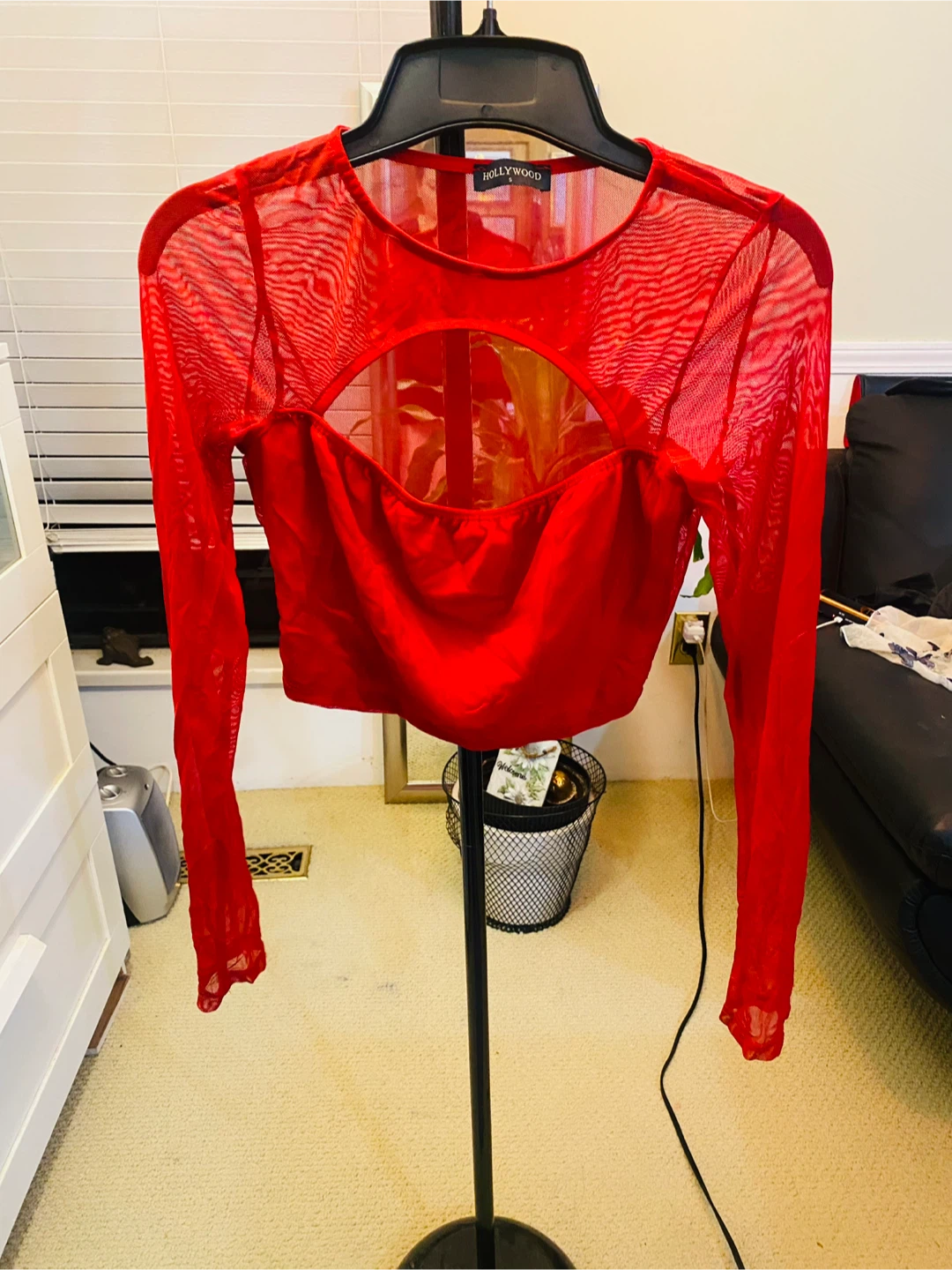 Hollywood Red Mesh Cutout Long Sleeve Top