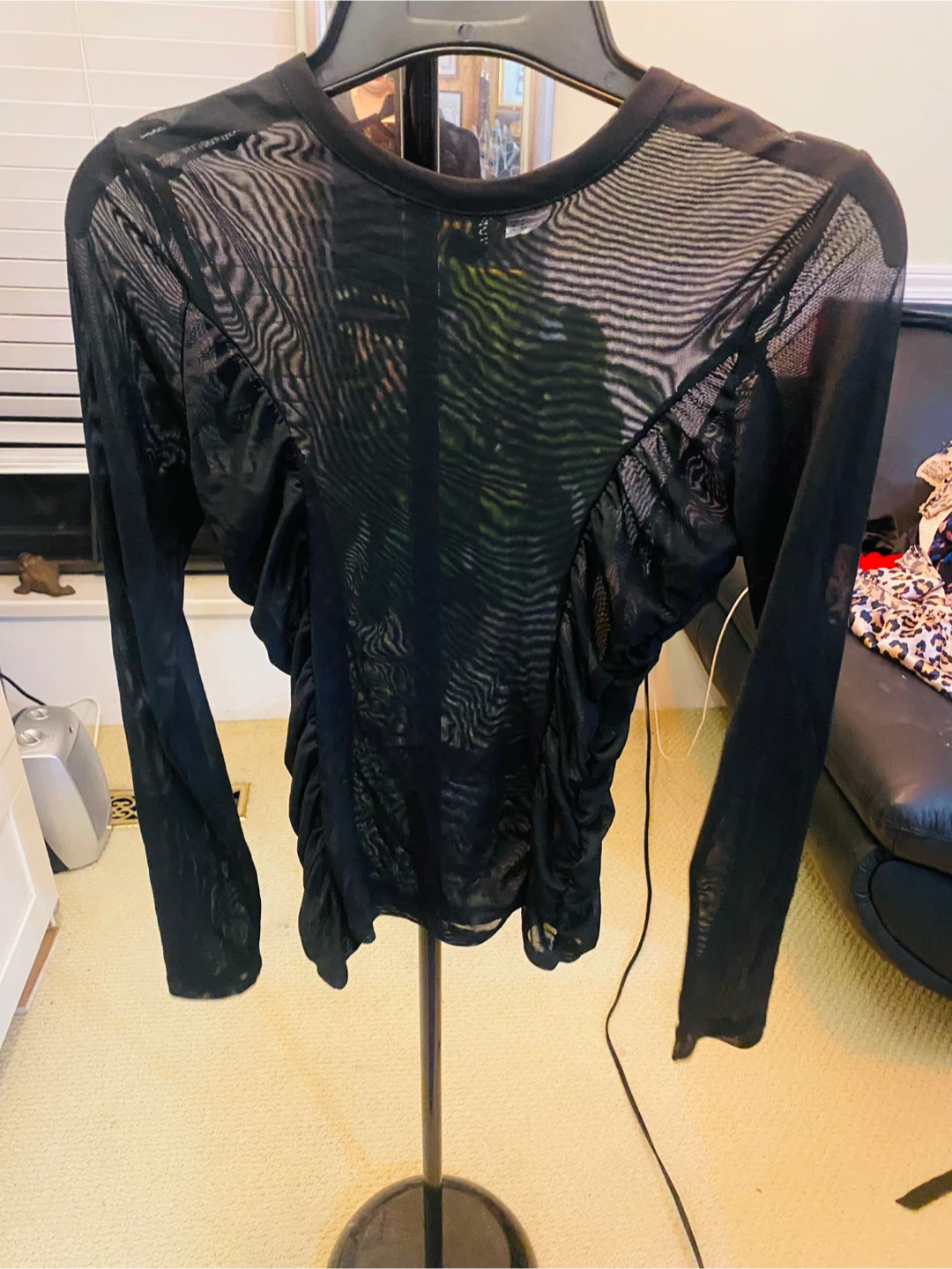 Black Mesh Ruched Long Sleeve Top