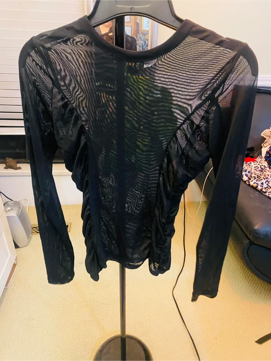 Black Mesh Ruched Long Sleeve Top