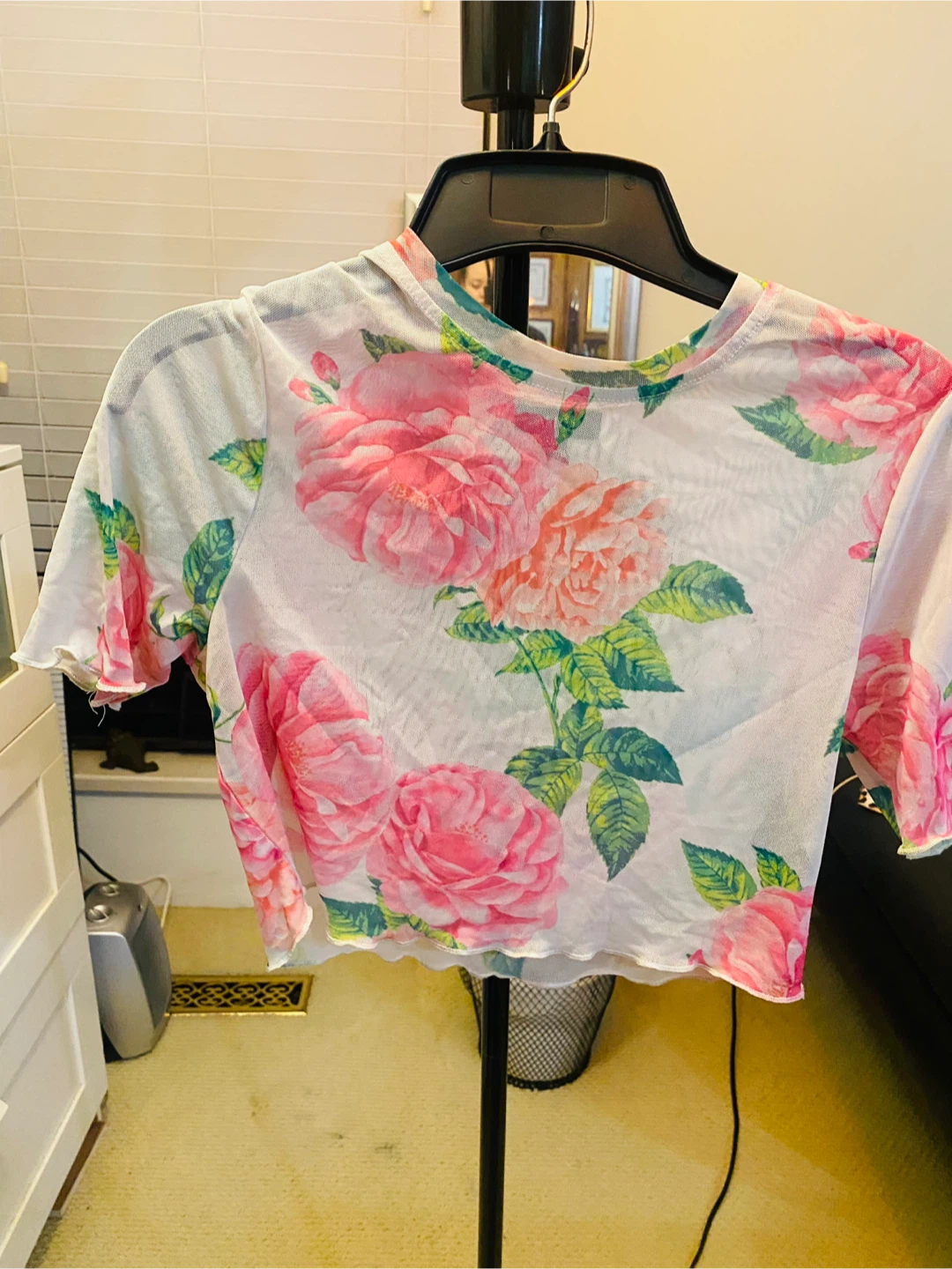 White Floral Mesh Crop Top