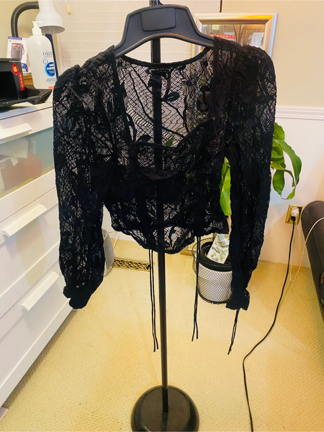 GUESS Black Lace Long Sleeve Crop Top