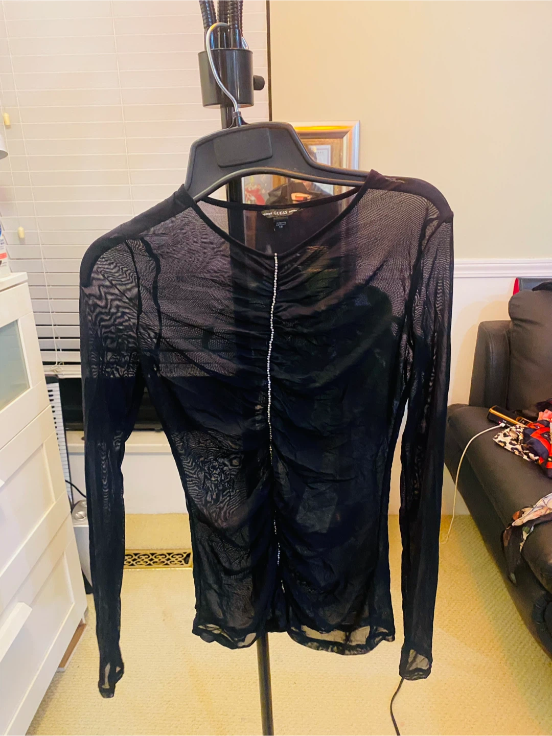 Guess Black Mesh Ruched Top