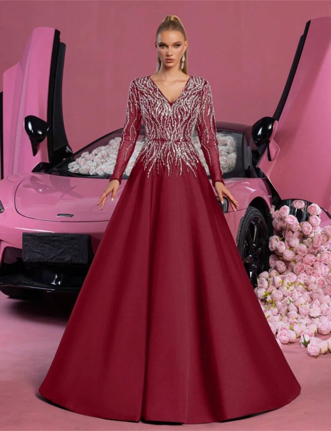 Maroon V-Neck Gown with Embellished Bodice
