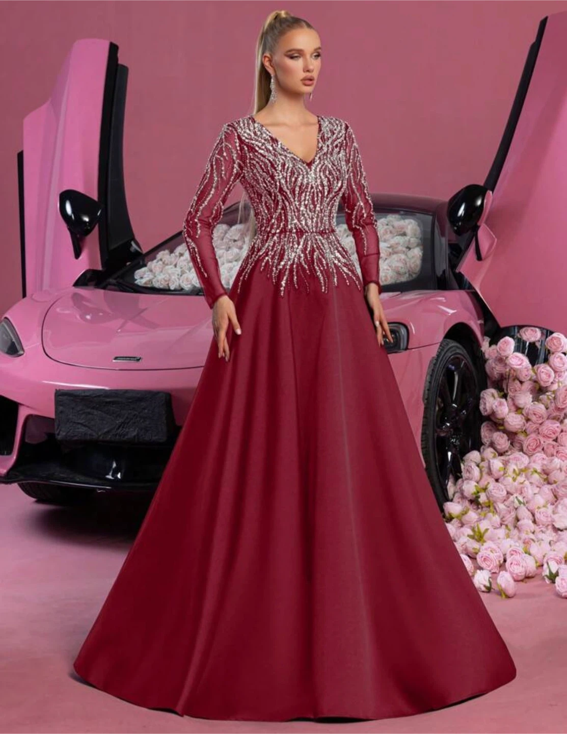 Maroon V-Neck Gown with Embellished Bodice - photo 2